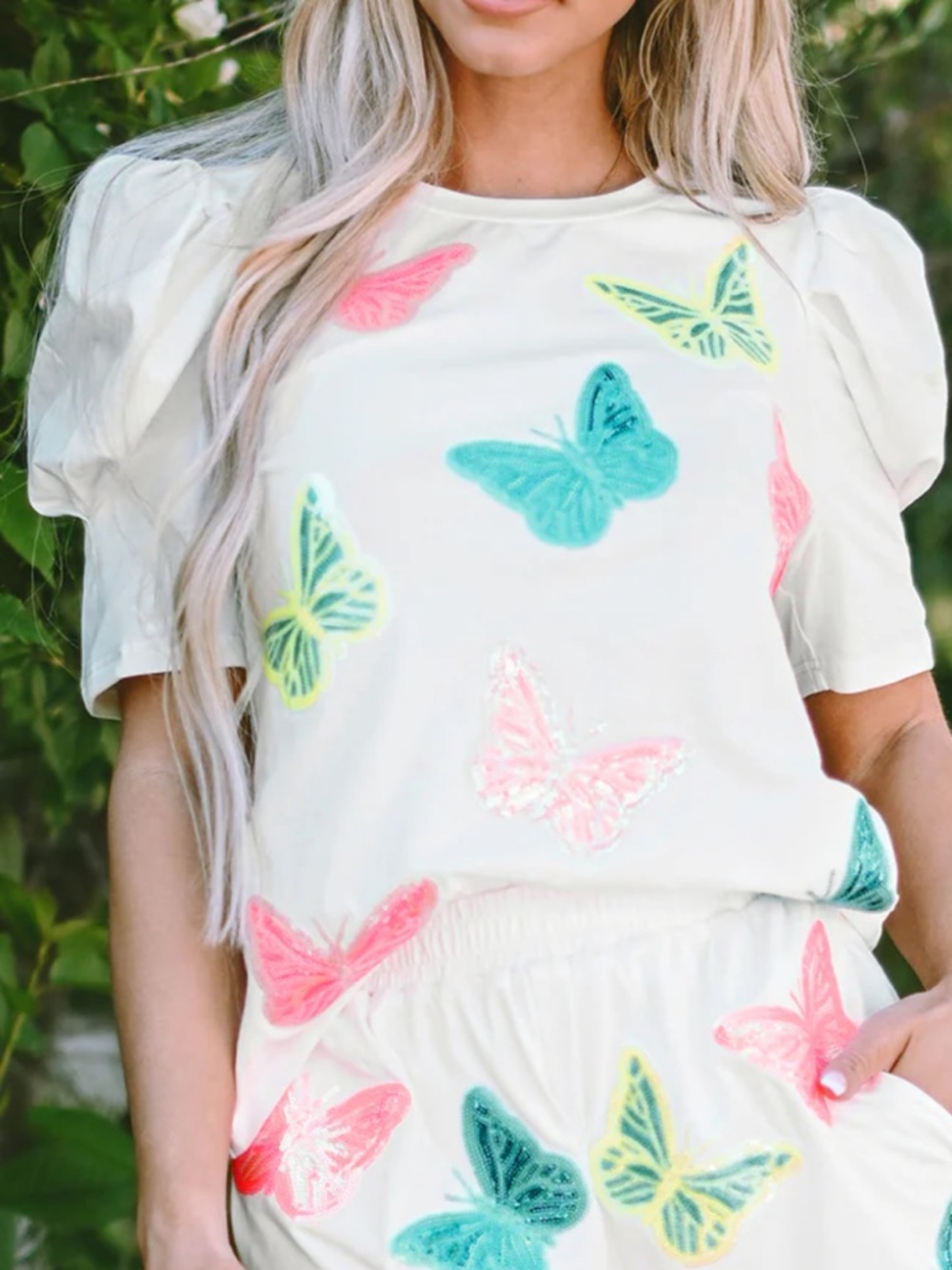 Sequin butterfly top white puff sleeve size large